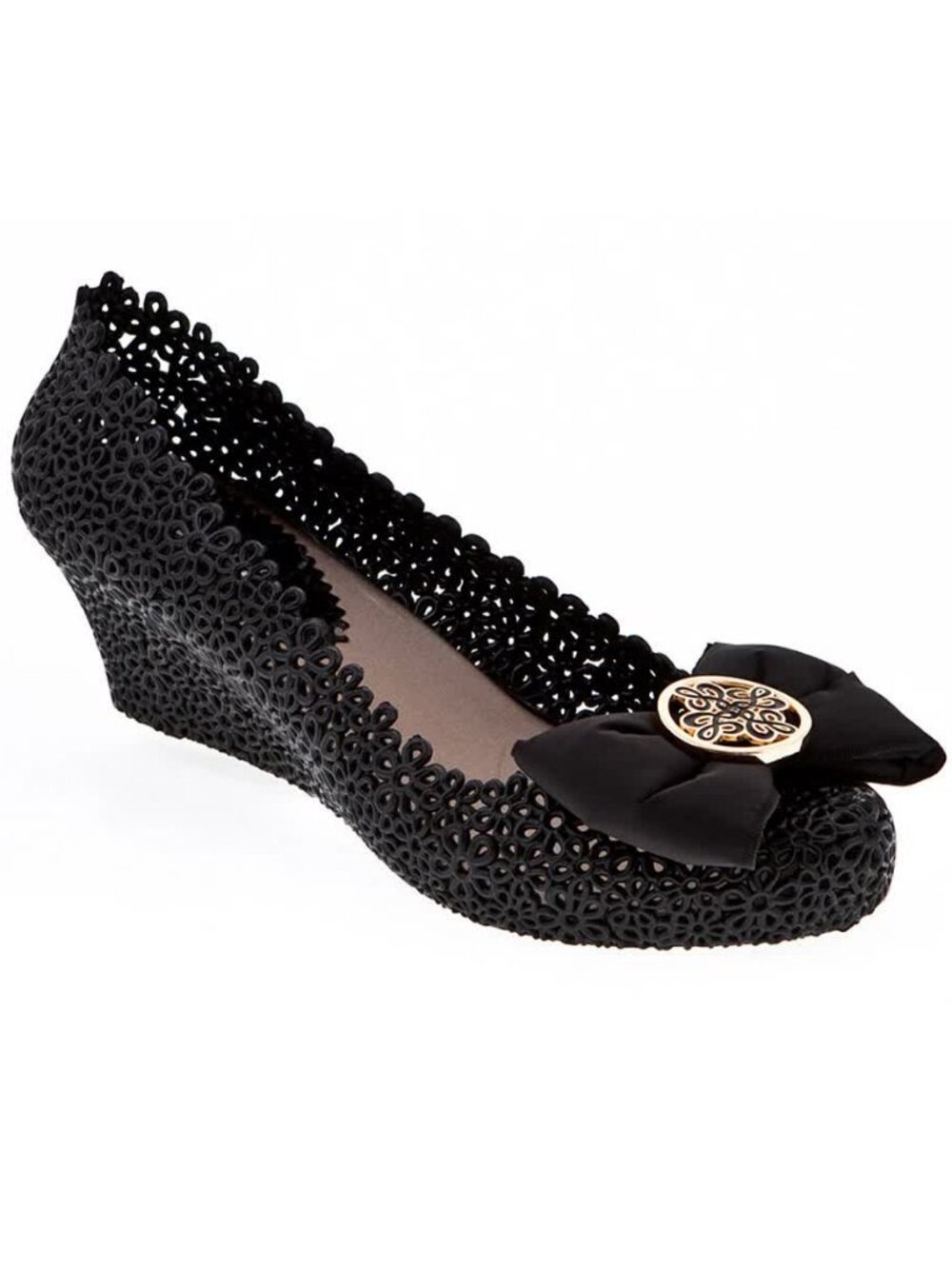 Dizzy Black Fame Gold Floral Cutout Bow Wedge Shoes Women 9